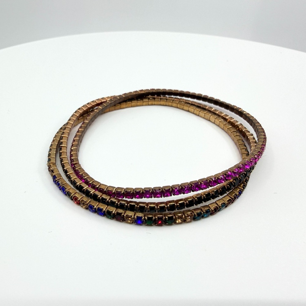 Vintage Bronze Tone Multi Color Rhinestone Stackable‎ Stretch Bracelet Set 3 90s